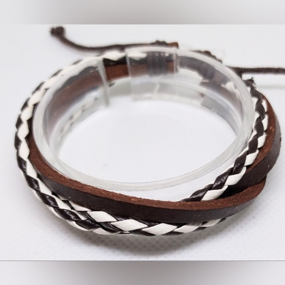Men's bracelet leather braided layered black brown new e84